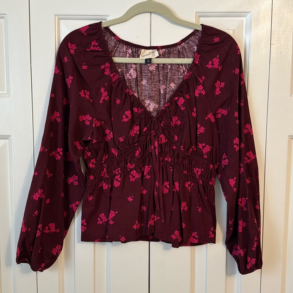 Universal Thread Blouse Maroon Pink Floral Linen Blend V-Neck